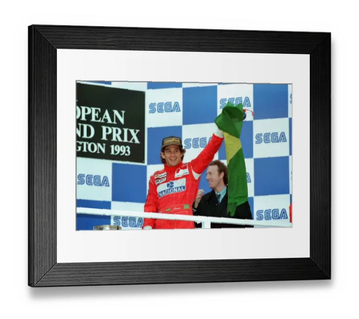 Framed Print : European Grand Prix at Donington 11th April 1993. Ayrton Senna on the podium