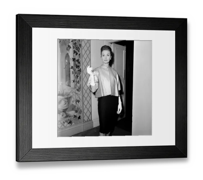 Framed Print : Leatherwear fashion show. Woman in white gloves, jacket and skirt. Circa 1964 Framed Print : Leatherwear fashion show. Woman in white gloves, jacket and skirt. Circa 1964