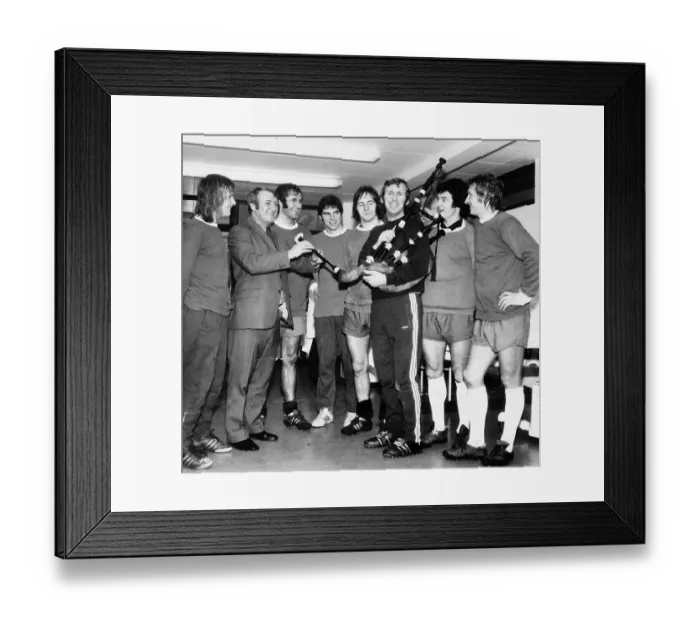 Framed Print : Tommy Docherty with Manchester Scots football Old Trafford 1972 Crerand with bagpipes Framed Print : Tommy Docherty with Manchester Scots football Old Trafford 1972 Crerand with bagpipes