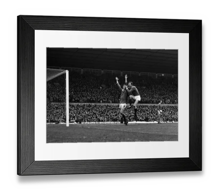 Framed Print : Pat Crerand celebrates with Brian Kidd after third goal 1970 for Manchester United Framed Print : Pat Crerand celebrates with Brian Kidd after third goal 1970 for Manchester United