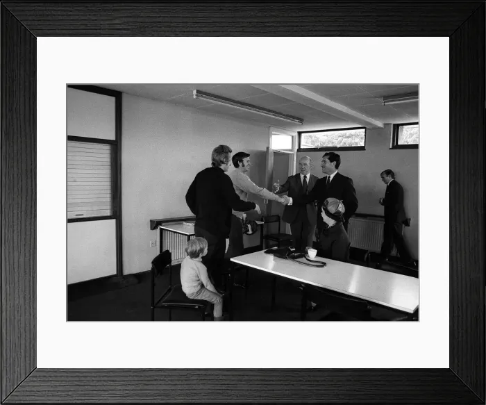 Framed Print : Frank OFarrell manager of Manchester United June 1971 shakes hands with Pat Framed Print : Frank OFarrell manager of Manchester United June 1971 shakes hands with Pat