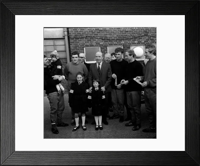 Framed Print : Bobby Charlton other members of Man Utd 1967 schoolgirls and safety armbands Framed Print : Bobby Charlton other members of Man Utd 1967 schoolgirls and safety armbands