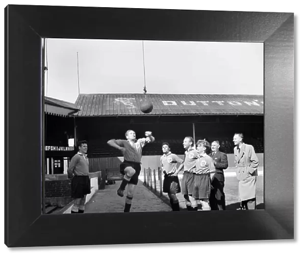 Blackpool Football Club. Left to right Allan Brown, Stan Mortensen (headering) Bill Perry