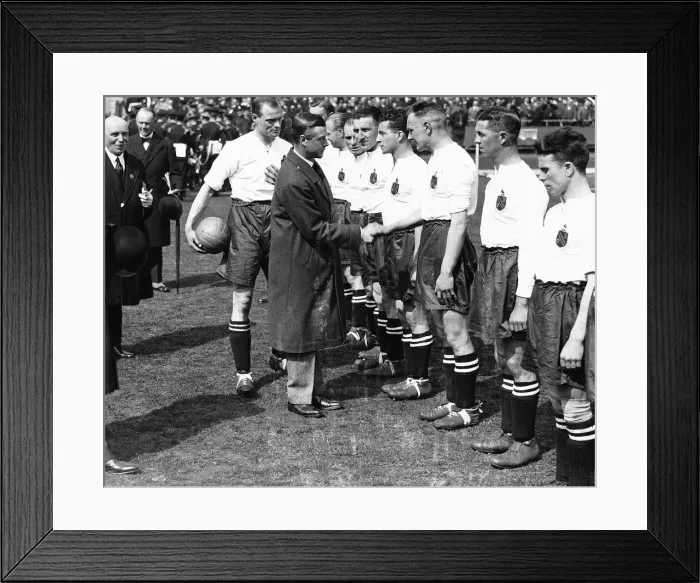 Framed Print : Cup Final Bolton play at Wembley in 1929 against Portsmouth The players meet the Prince Framed Print : Cup Final Bolton play at Wembley in 1929 against Portsmouth The players meet the Prince
