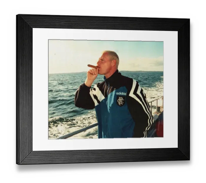 Framed Print : Paul Gascoigne Rangers tour of Denmark takes a Break to enjoy a cigar on a fishing trip