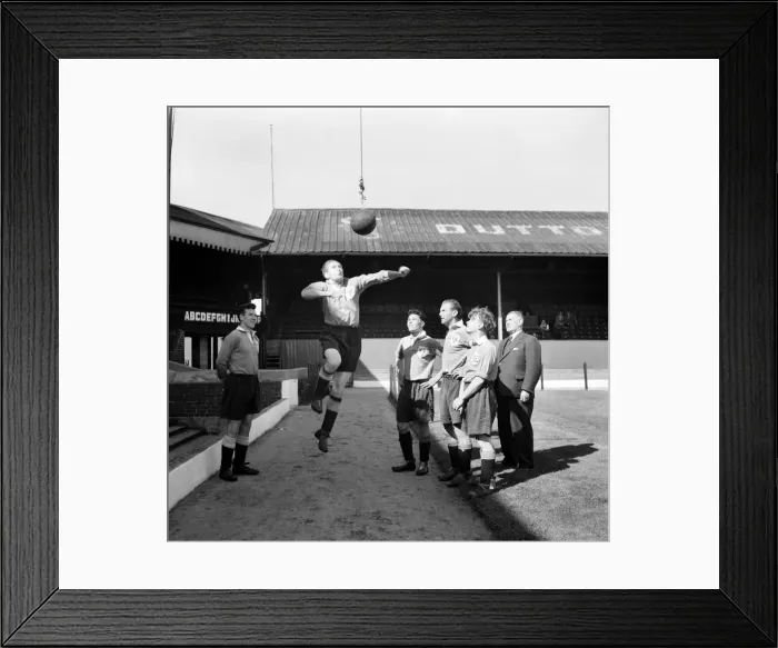 Framed Print : Blackpool Football Club. Left to right Allan Brown, Stan Mortensen (headering) Bill Perry Framed Print : Blackpool Football Club. Left to right Allan Brown, Stan Mortensen (headering) Bill Perry