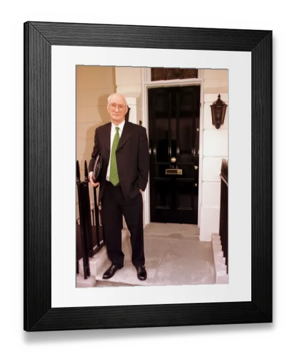 Framed Print : Former Manchester Police chief John Stalker standing outside 72a Elizabeth Street London