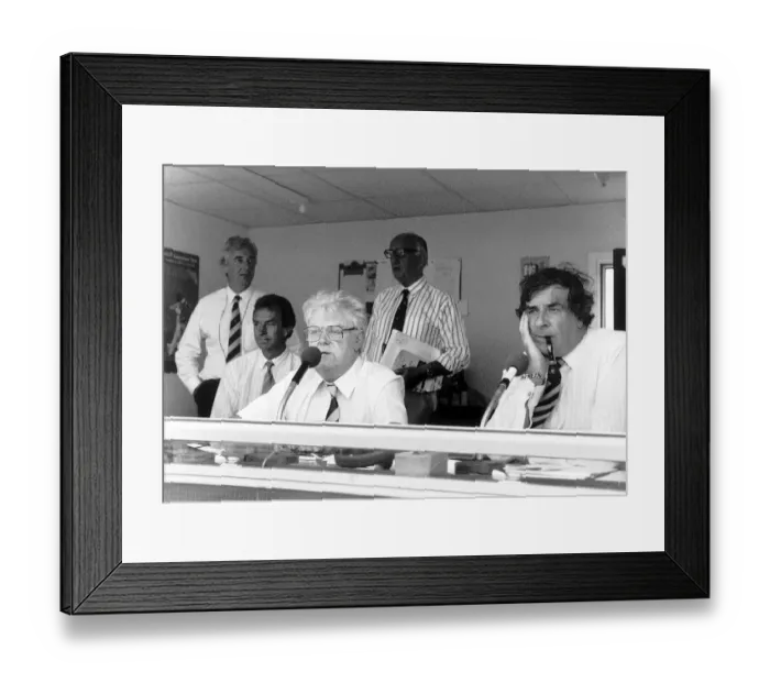 Framed Print : Don Mosey and Fred Trueman take over in the commentary box Framed Print : Don Mosey and Fred Trueman take over in the commentary box