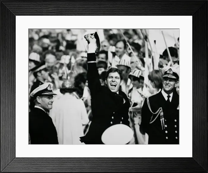 Framed Print : Jubilant Prince Andrew ashore with proud father Prince Philip after the carrier HMS