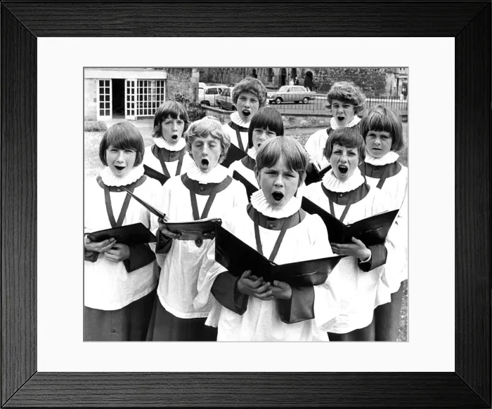 Framed Print : The choristers of Hexham Abbey on June 27, 1974 practicing for a special concert in front Framed Print : The choristers of Hexham Abbey on June 27, 1974 practicing for a special concert in front