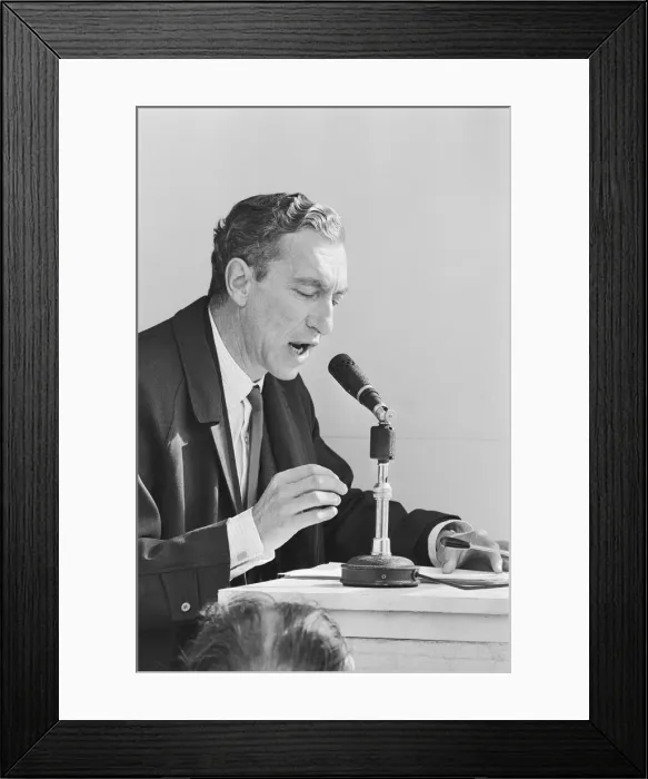 Framed Print : TV Presenter Raymond Baxter seen here commentating at a British Motor Corporation motor Framed Print : TV Presenter Raymond Baxter seen here commentating at a British Motor Corporation motor