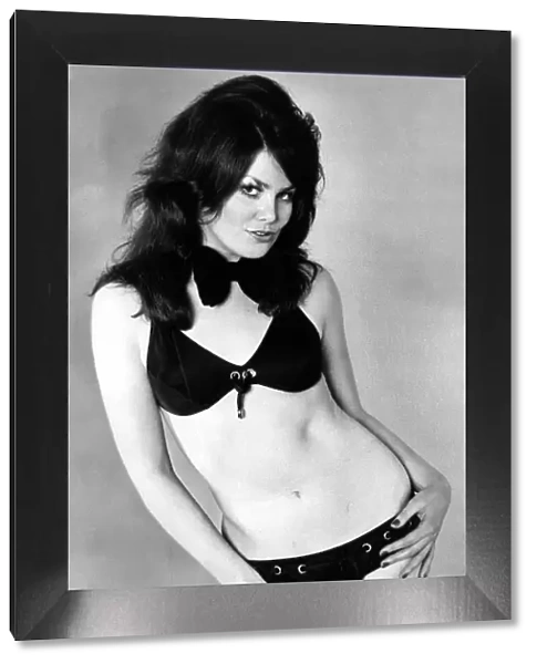 Michelle Lane wears a black wet look bikini by Slix, £4. 25, 7th June 1972