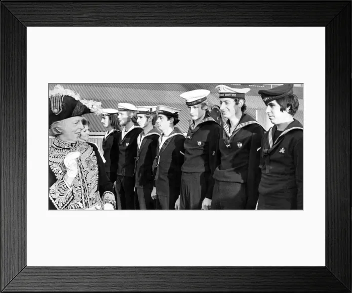 Framed Print : Sailors on board the Nato ship HMS Abdiel were being inspected by actor John Reed who is Framed Print : Sailors on board the Nato ship HMS Abdiel were being inspected by actor John Reed who is