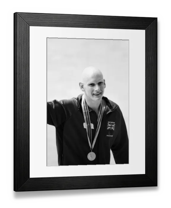 Framed Print : Duncan Goodhew swimmer takes part in medal ceremony after winning gold medal in Men