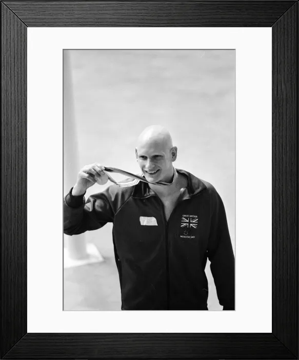 Framed Print : British swimmer Duncan Goodhew celebrates after receiving olympic gold medal in Framed Print : British swimmer Duncan Goodhew celebrates after receiving olympic gold medal in