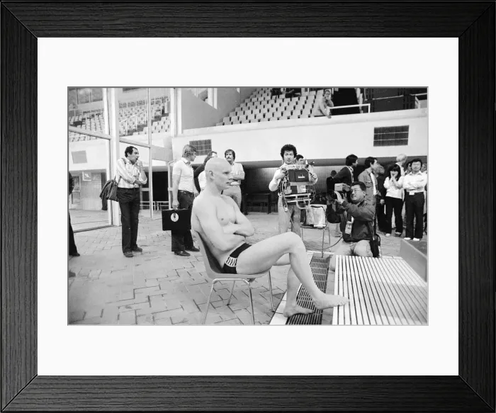 Framed Print : British swimmer Duncan Goodhew poses for pictures by the Olympic Swimming Pool in Moscow Framed Print : British swimmer Duncan Goodhew poses for pictures by the Olympic Swimming Pool in Moscow