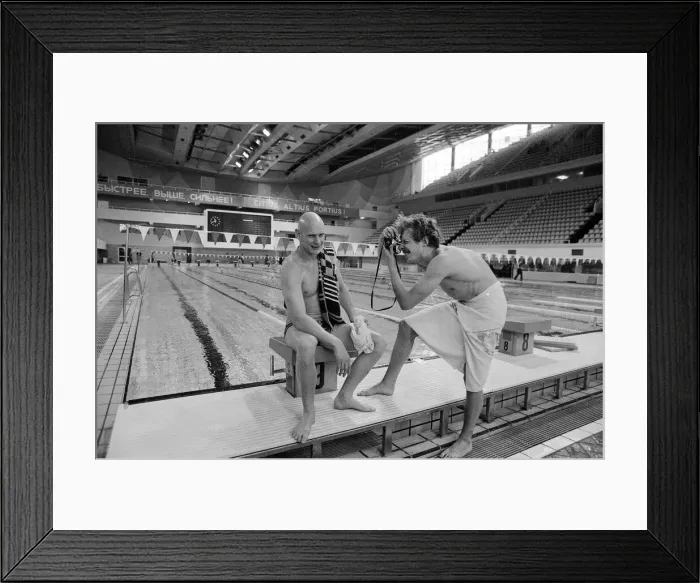 Framed Print : British swimmer Duncan Goodhew poses for pictures by the Olympic Swimming Pool in Moscow Framed Print : British swimmer Duncan Goodhew poses for pictures by the Olympic Swimming Pool in Moscow