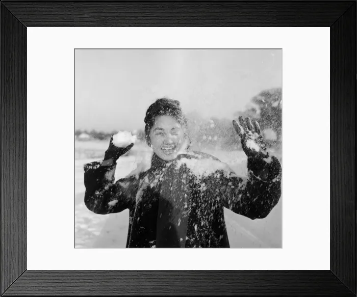 Framed Print : Philippine dancers have a snowball fight in London. One of the woman throwing Framed Print : Philippine dancers have a snowball fight in London. One of the woman throwing