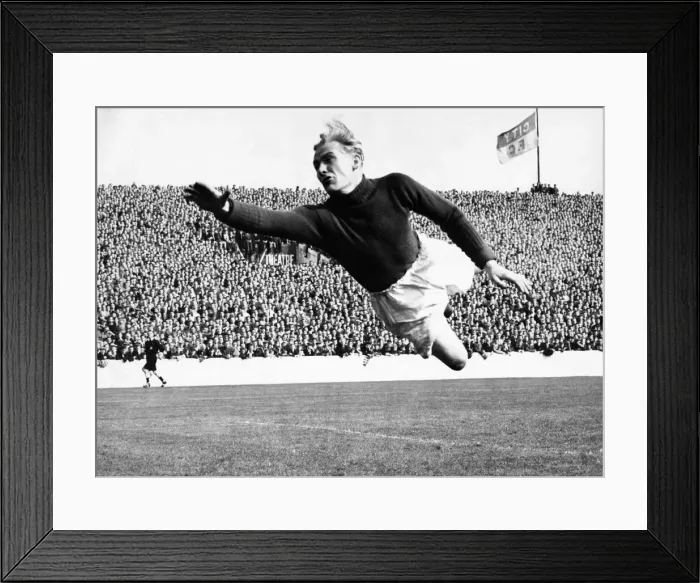 Framed Print : Bert Trautmann of Manchester City in full flight as he leaps across to cover a Framed Print : Bert Trautmann of Manchester City in full flight as he leaps across to cover a