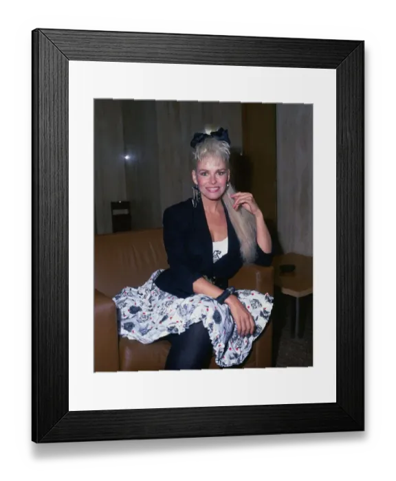 Framed Print : Pamela Stephenson actress comedienne wearing a white patterned dress and black jacket Framed Print : Pamela Stephenson actress comedienne wearing a white patterned dress and black jacket