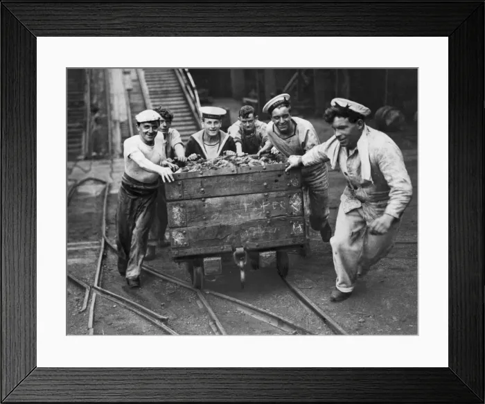Framed Print : Sailors of the Royal Navy pulling a coal truck as they help out at the pits during Framed Print : Sailors of the Royal Navy pulling a coal truck as they help out at the pits during