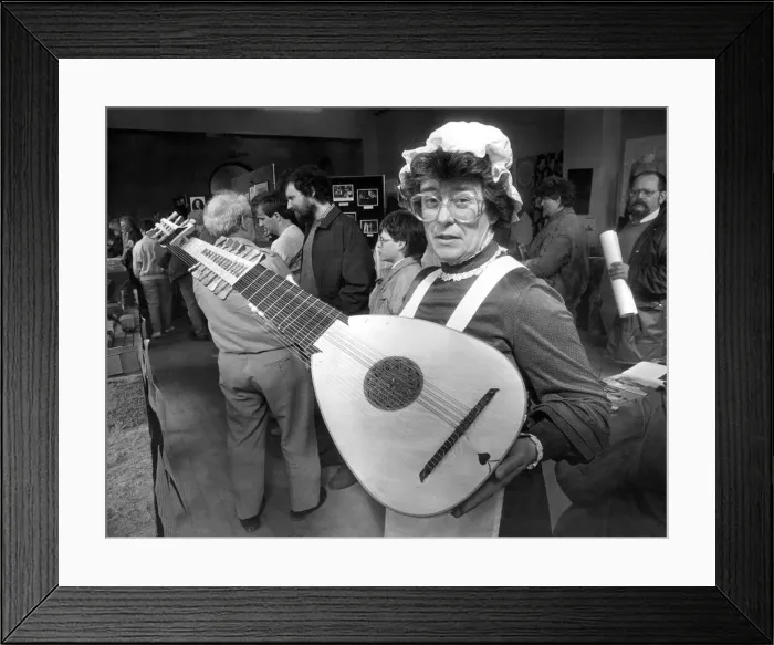 Framed Print : Mrs. Janey Brown with a workshop lute in April 1988