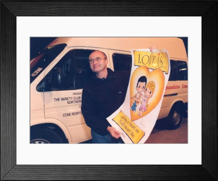 Framed Print : Phil Collins hands over a new Variety Club mini bus to CCNE Respite 10 November 1997 Framed Print : Phil Collins hands over a new Variety Club mini bus to CCNE Respite 10 November 1997