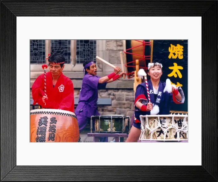 Framed Print : Japanese band Tajimi Mino-Yaki Daiko perform in Durham Market Place on May 22, 1997 Framed Print : Japanese band Tajimi Mino-Yaki Daiko perform in Durham Market Place on May 22, 1997