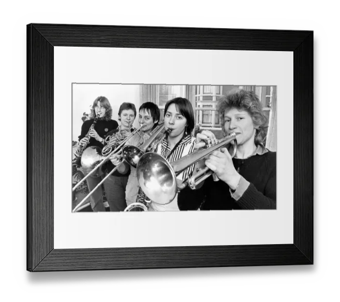 Framed Print : The all woman band Burning Brass on February 2, 1982. Left to right: Judy Cowgill