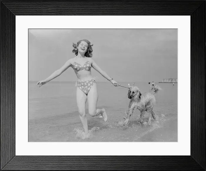 Framed Print : Model Belinda Lee seen here with here Afghan hounds on the beach at Cliftonville, Kent