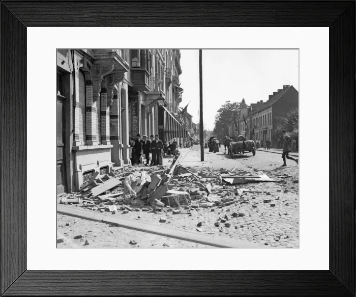 Framed Print : Rubble in the streets of Antwerp the result of one of the three air raids made Framed Print : Rubble in the streets of Antwerp the result of one of the three air raids made