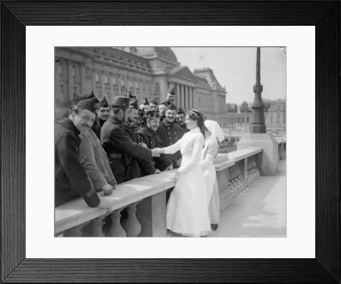 Framed Print : English nurses seen here meeting Belgian soldiers outside the Royal Palace before