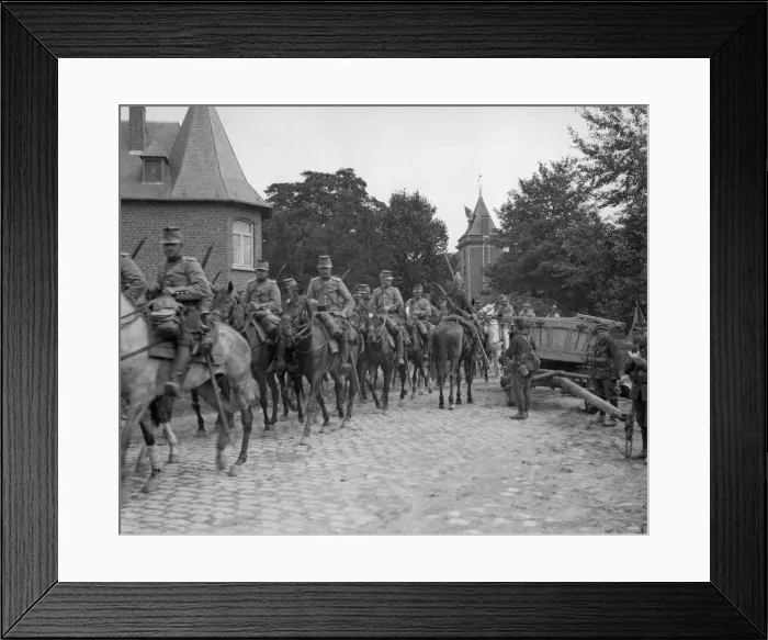 Framed Print : French cavalry seen here passing through a barricade on the Belgium - French border circa Framed Print : French cavalry seen here passing through a barricade on the Belgium - French border circa