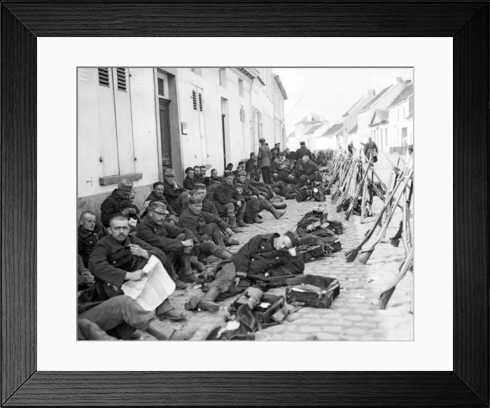 Framed Print : Belgian soldiers resting after being pushed back by the advancing German Army Framed Print : Belgian soldiers resting after being pushed back by the advancing German Army