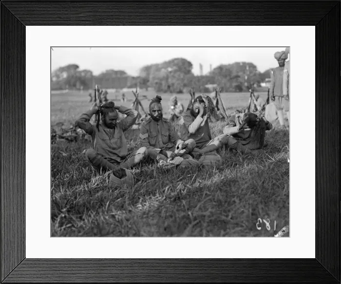 Framed Print : Indian soldiers attending to their toilet, combing and twisting their hair into a bun Framed Print : Indian soldiers attending to their toilet, combing and twisting their hair into a bun