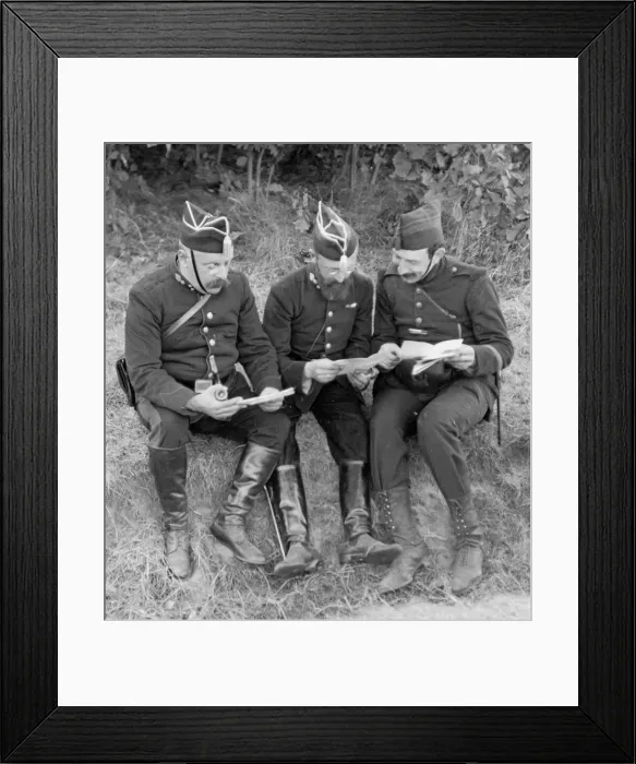 Framed Print : Belgian soldiers consort their maps as the German army advances through Belgium Framed Print : Belgian soldiers consort their maps as the German army advances through Belgium