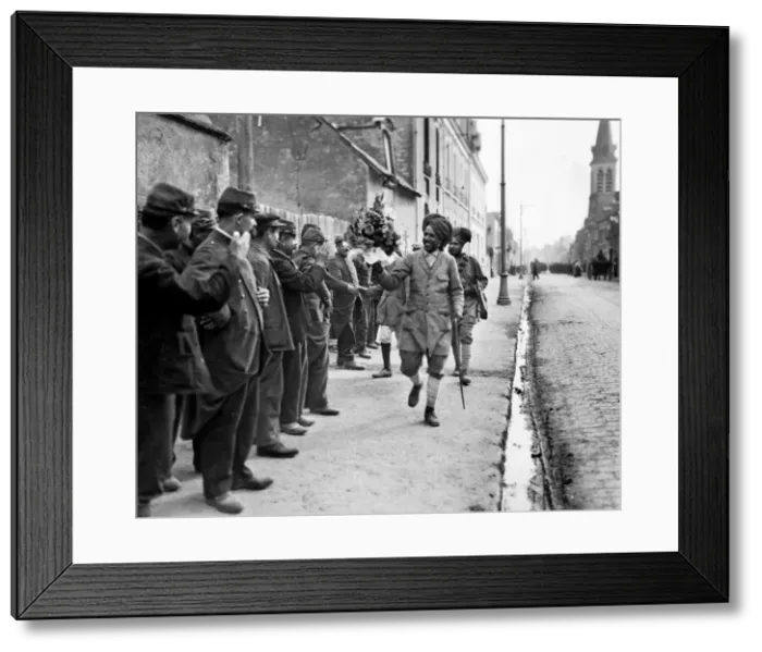 Framed Print : French troops shaking hands and giving floral bouquets to the Indian soldiers as they