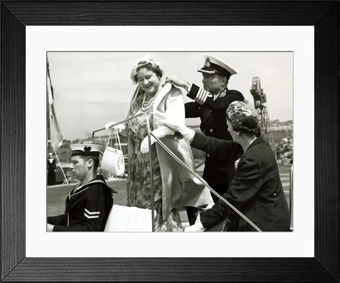 Framed Print : Queen Mother visits the Ark Royal 1958 HMS Ark Royal at Devonport Captain E Framed Print : Queen Mother visits the Ark Royal 1958 HMS Ark Royal at Devonport Captain E