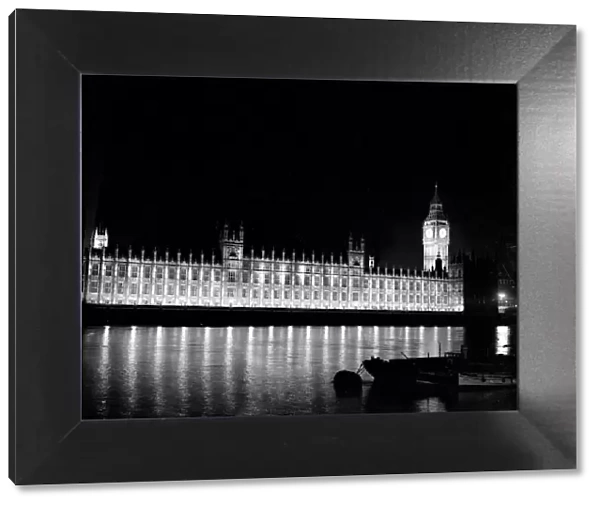 Big Ben and the Houses of Parliament lit up at night 1951 london england floodlight