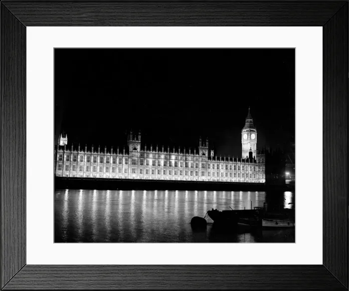 Framed Print : Big Ben and the Houses of Parliament lit up at night 1951 london england floodlight