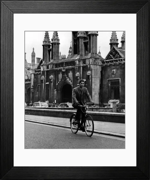 Framed Print : Prince Charles, November 1968 Pictured cycling outside Kings College Cambridge Framed Print : Prince Charles, November 1968 Pictured cycling outside Kings College Cambridge