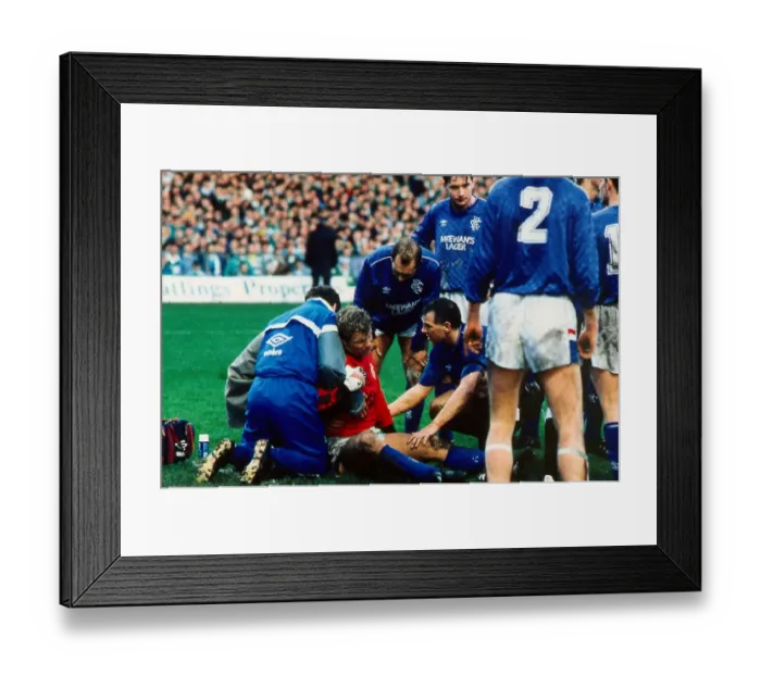 Framed Print : Rangers versus Celtic : Chris Woods receives treatment for injury January 1988