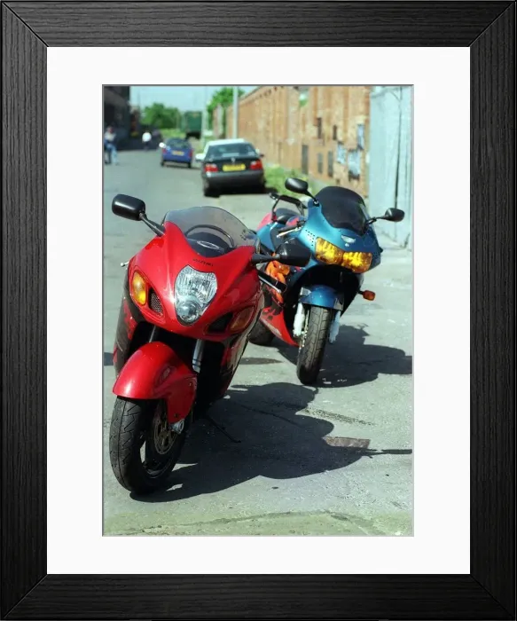 Framed Print : Suzuki Hayabasa motorbike May 1999 With Honda RR