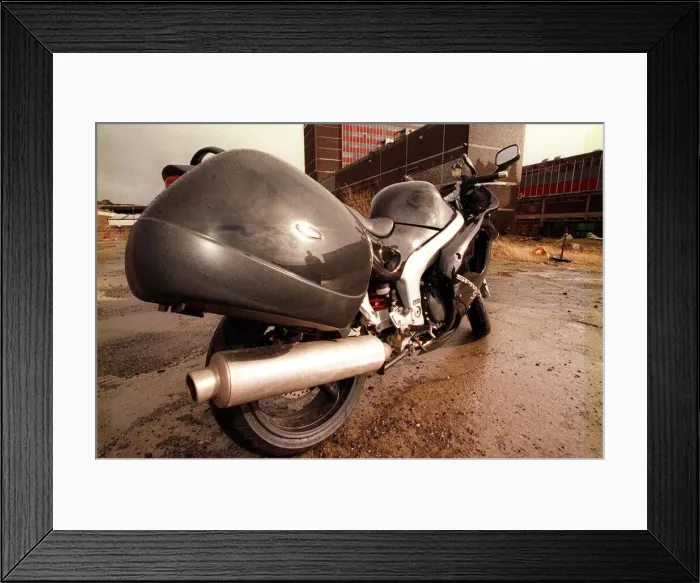Framed Print : Black Triumph Motorbike March 1999 At the back of the Daily Record building Framed Print : Black Triumph Motorbike March 1999 At the back of the Daily Record building