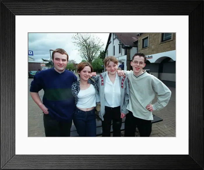 Framed Print : Gang warfare Milngavie and Bearsden May 1998 group teenage girls boys in town centre Framed Print : Gang warfare Milngavie and Bearsden May 1998 group teenage girls boys in town centre