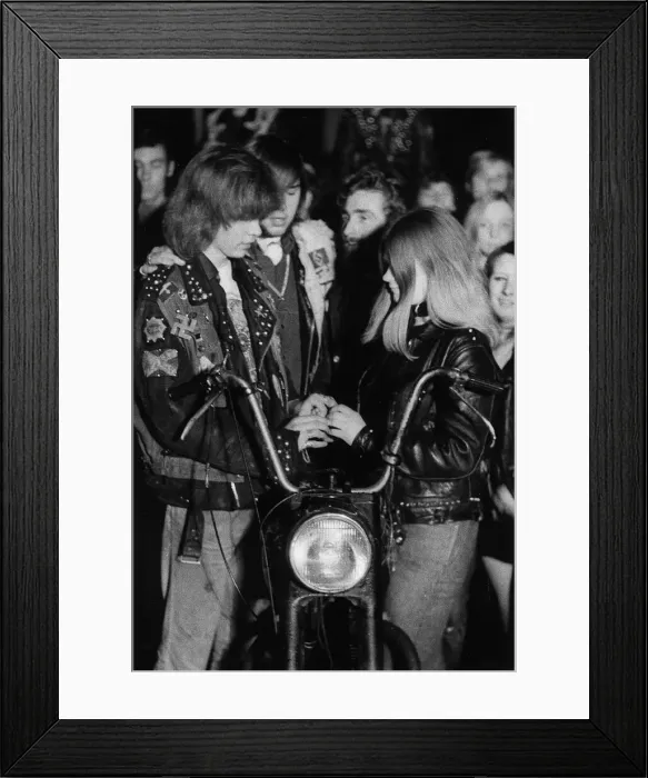 Framed Print : Hells Angels wedding Mick Smith marries Geraldine Osgood with motorbike as an alter