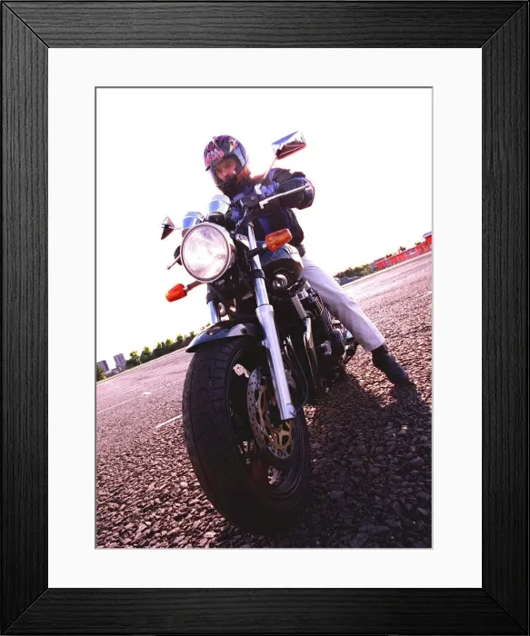 Framed Print : Trevor Walls sitting on a Yamaha XJR 1200 motorbike October 1998