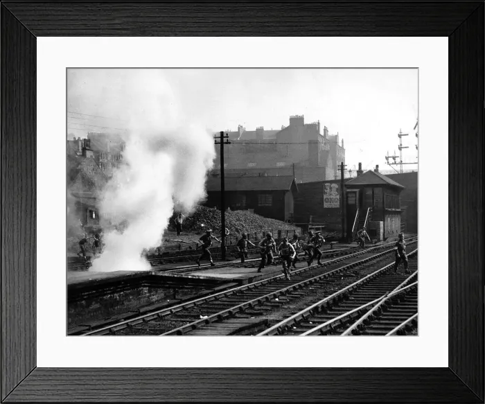 Framed Print : World War Two Home Guard on a training exercise - an attack at a Glasgow railway station Framed Print : World War Two Home Guard on a training exercise - an attack at a Glasgow railway station