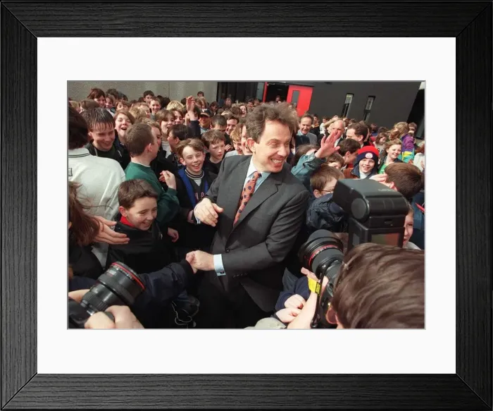 Framed Print : Tony Blair Labour leader mobbed by pupils of Dyce Academy Aberdeen. 1990s Framed Print : Tony Blair Labour leader mobbed by pupils of Dyce Academy Aberdeen. 1990s