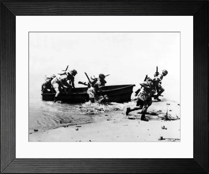 Framed Print : 11th Battalion Royal Marines run ashore from a dingy while training in Ceylon Framed Print : 11th Battalion Royal Marines run ashore from a dingy while training in Ceylon
